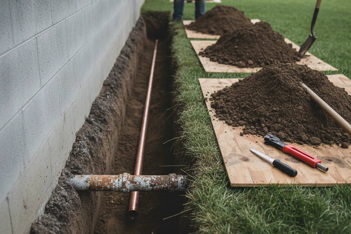 Excavated water line trench during Water Heater Repair in Boggstown